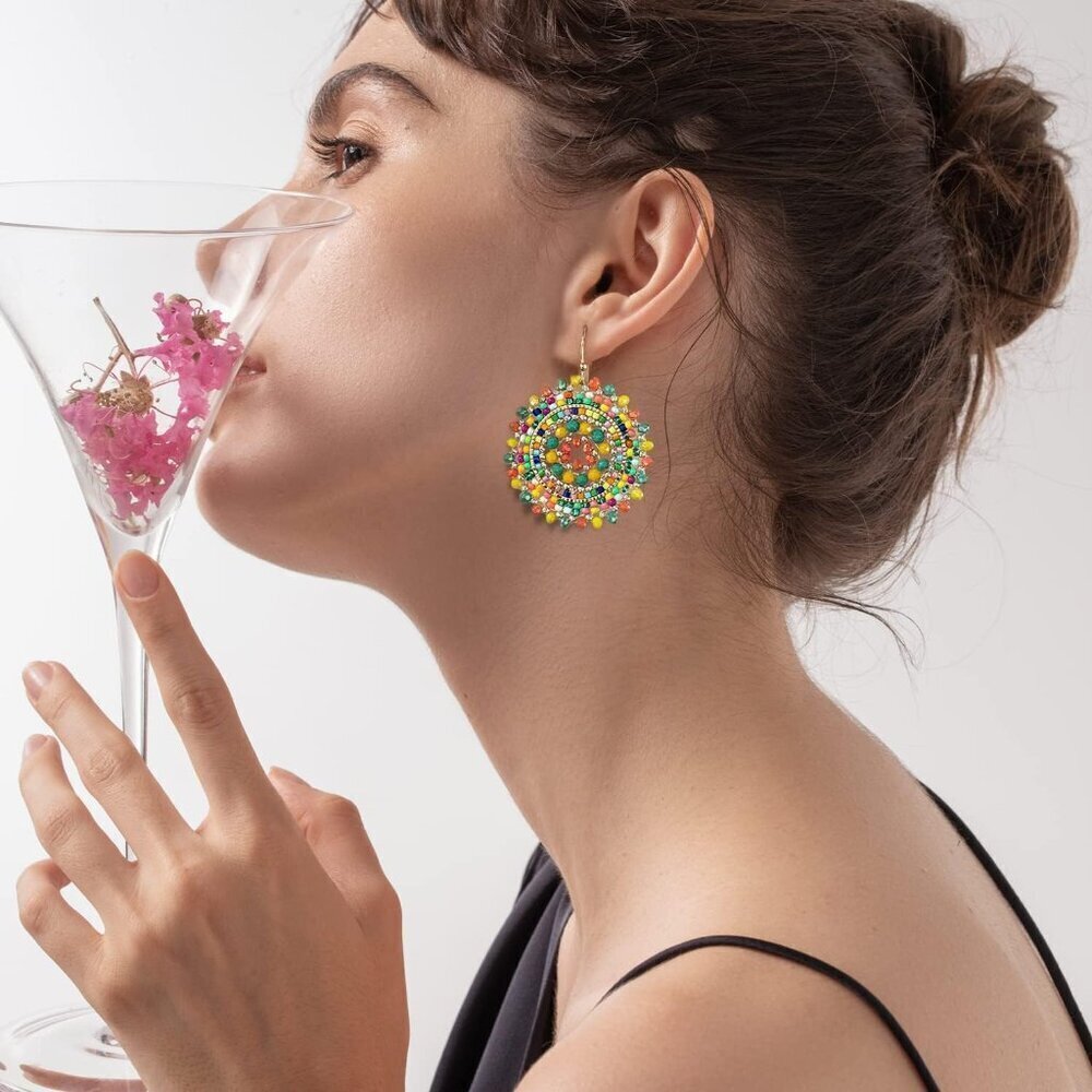 🆕 Women Yellow Summer Beaded Earrings Crystals Glass Dangle Drop Bohemia Lover - Picture 6 of 7